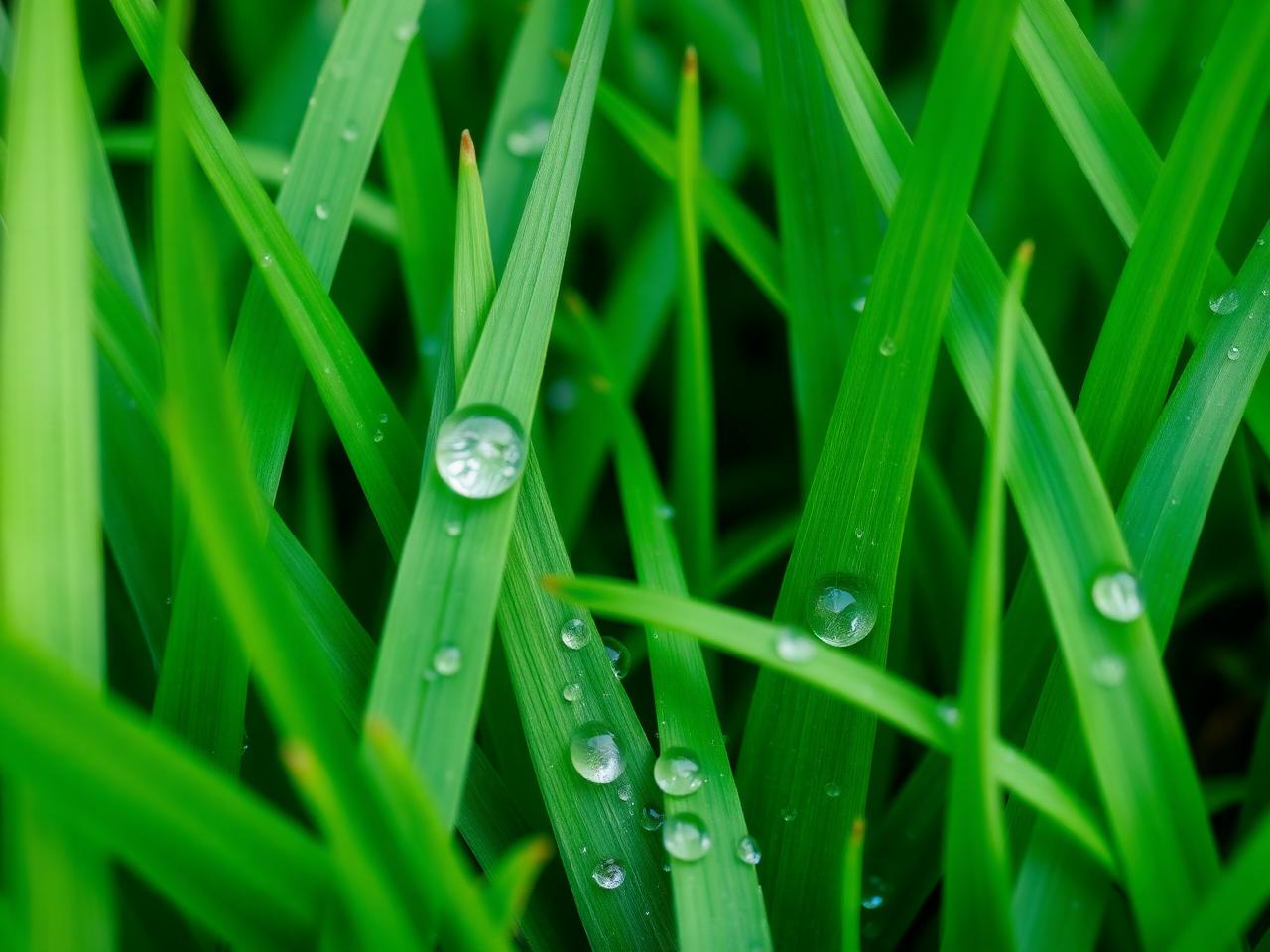 Close-up of healthy green lawn with water droplets